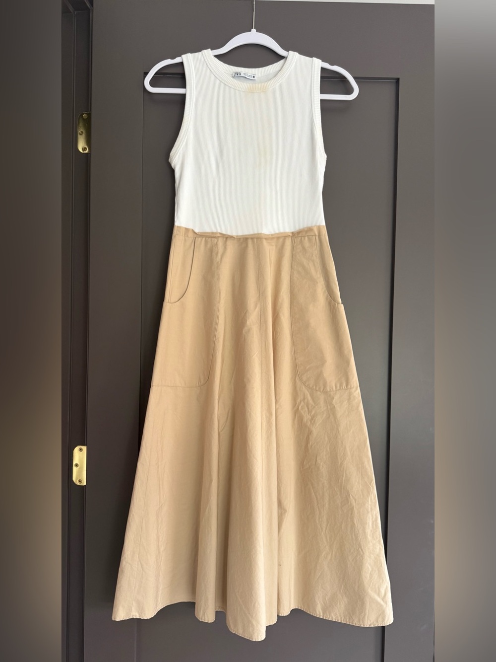 Zara Cream & Tan Sleeveless Pocket Dress